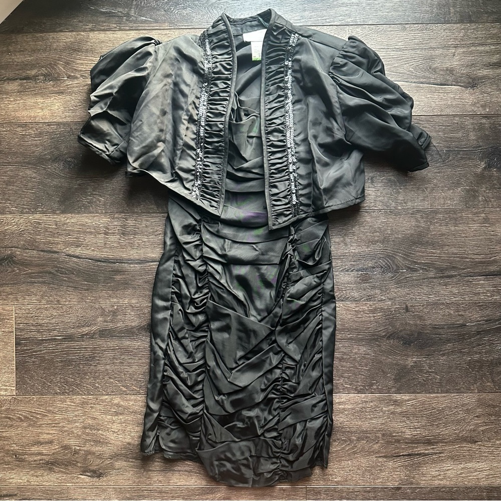 VTG Gunne Sax Jessica McClintock Black 13 Ruched Ruffled Cocktail Dress 2 piece